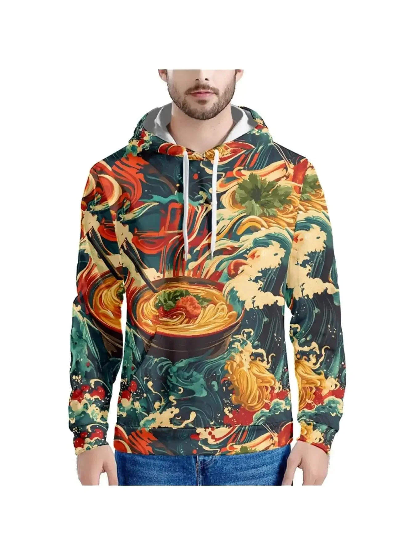 3D Full Print Ukiyo-e Hoodie Men Japanese Wave Ramen Food Noodle Art Drawstring Loose Casual Hooded Sweat Top
