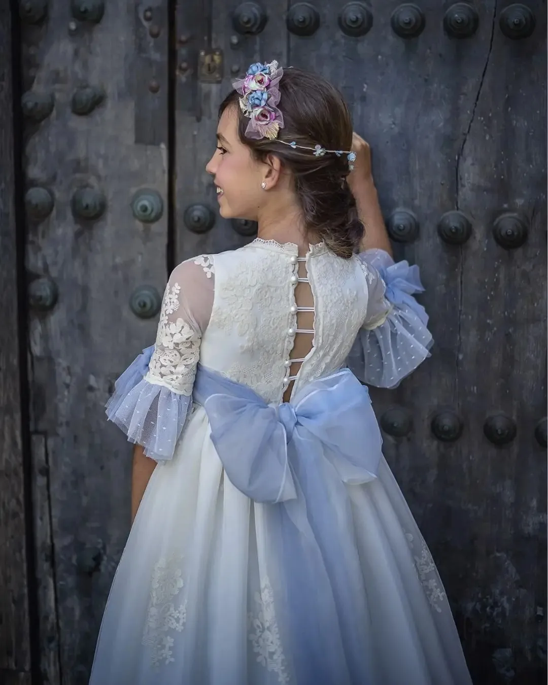 Vintage Empire Princess Flower Girl Dresses Half Sleeves Lace Long Wedding Party Birthday Dress Square First Communion Gown