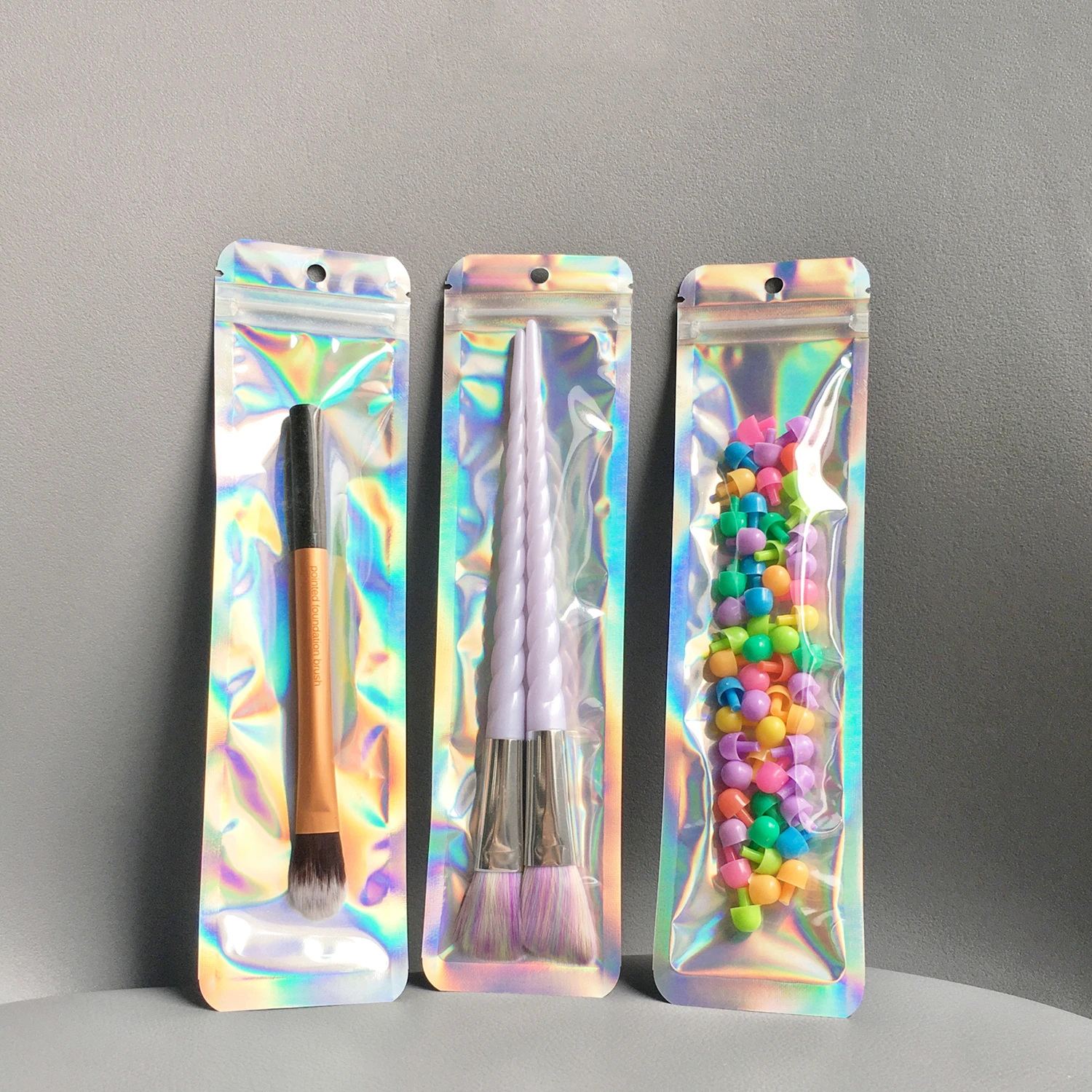 400x Holographic Resealable Bags for Small Business,Long Foil Ziplock Lip Gloss Pouches Empty Mylar Laser Packaging Bag Pen Sell