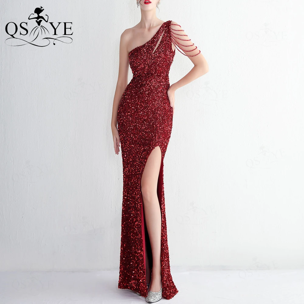 

Beading One Shoulder Burgundy Evening Dresses Beaded Sequin Prom Gown Glitter Sexy Split Party Dress Shiny Crystals Formal Gown