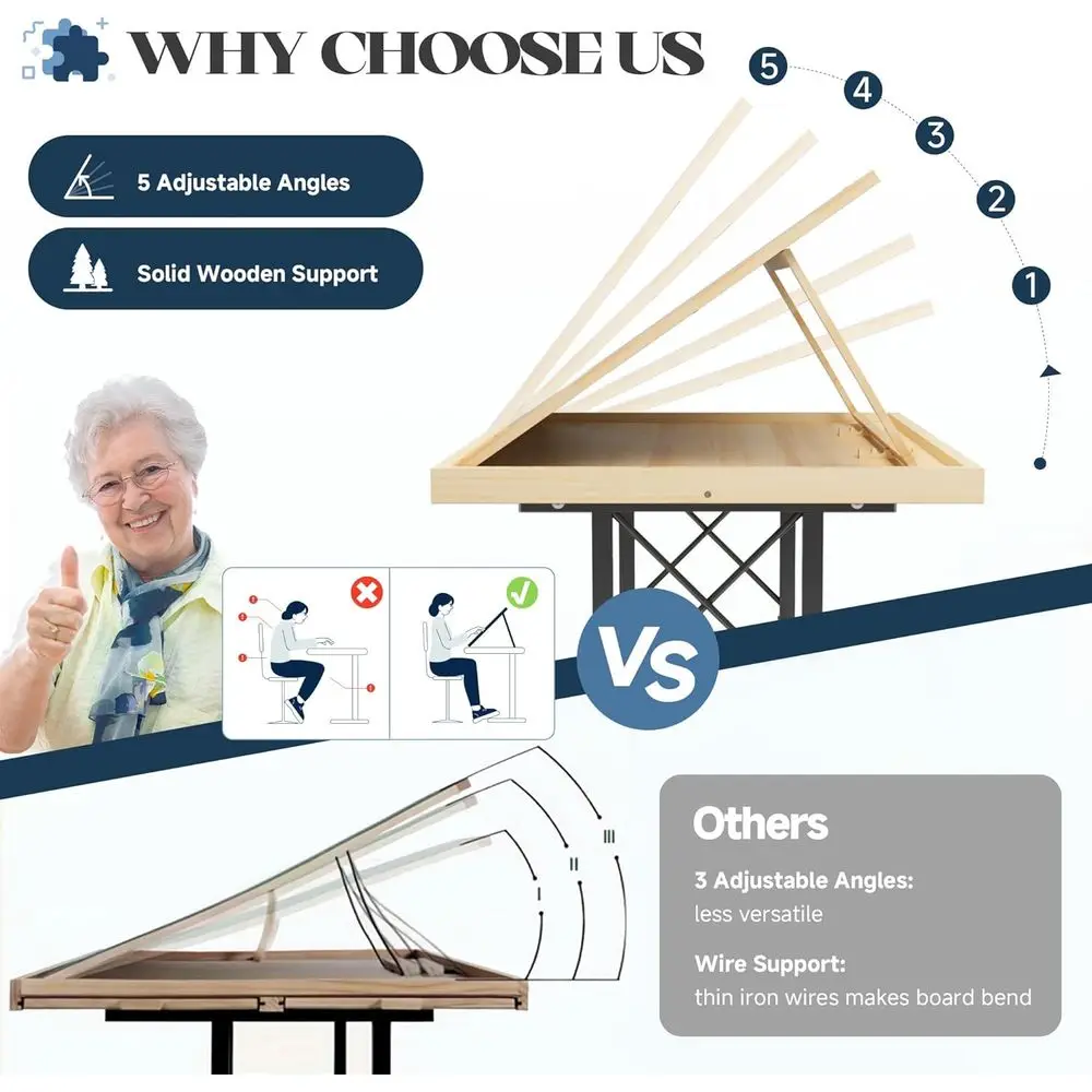 Adults Jigsaw Puzzle Table: 2000-Piece Capacity, Adjustable Tilt and Height, Wooden Board with Support Bar and Wheels