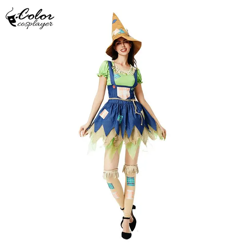

Halloween Scarecrow Dress Adult Ladies Wizard of Oz Cosplay Costume Patchwork Skirt with Hat Carnival Party Fancy Dress Up ﻿