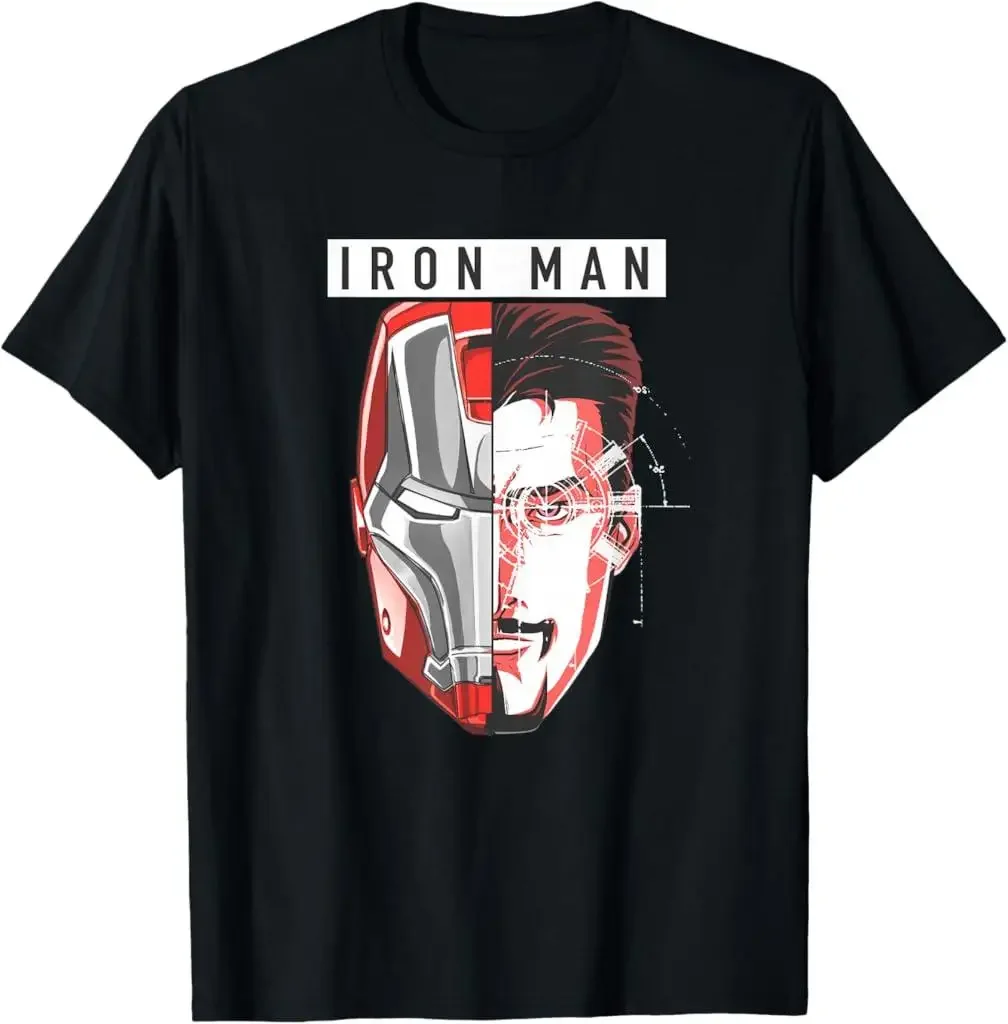 

Футболка с графическим рисунком «Железный человек» Черная хлопковая футболка с короткими рукавами Marvel Удобная повседневная одежда Доступна различные размеры Цвета