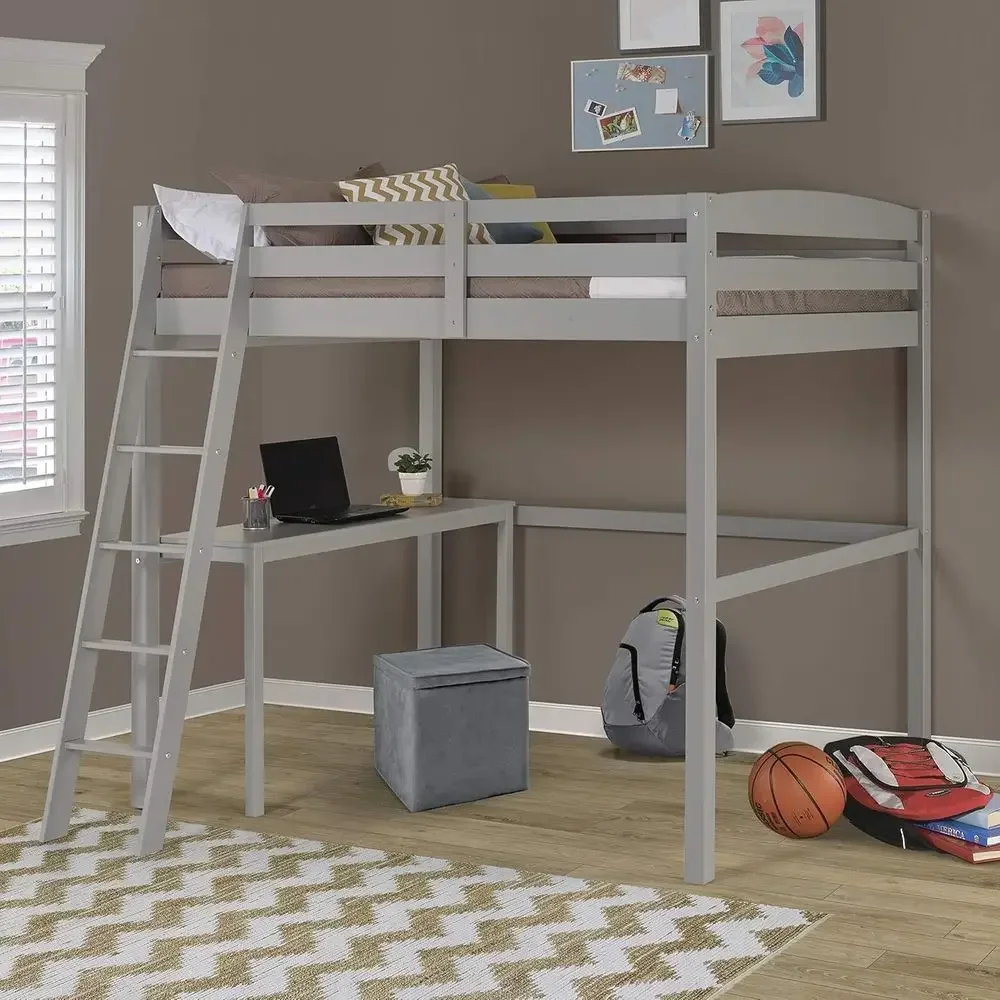 Twin Size Grey Loft Bed with Desk, High-Quality Metal Construction
