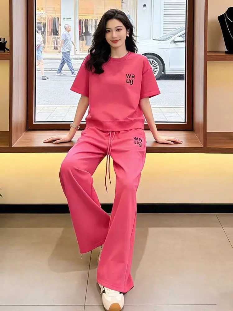 

Fashionable Street Style Casual Sportswear Set Women's Summer Anti-Aging Pink Short Sleeve T-Shirt Wide Leg Pants Two-Piece Set