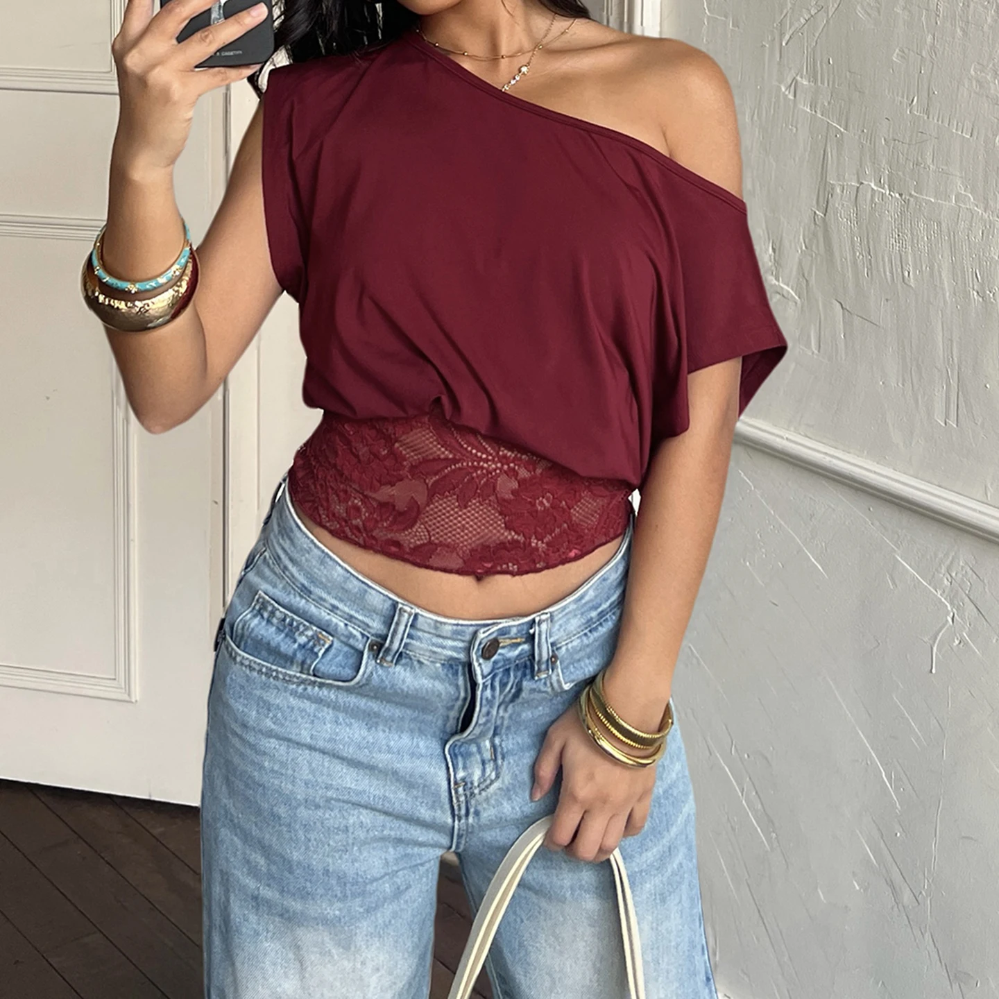 Elegant Patchwork Lace T-Shirt See Through Slim-Fitting Crew Neck Off-Shoulder Tees Women 2026 Fashion New （Two Design Styles） image 3
