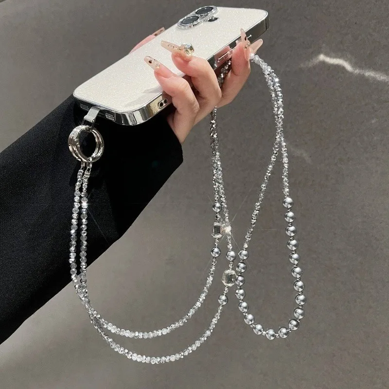 High-End Pearl Pendant Mobile Phone Chain Fashionable Beaded Crystal Long Cross-Body Strap Anti-Lost Phone Accessory