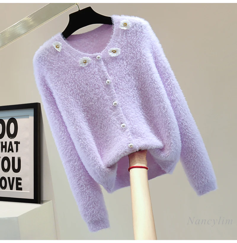 Beaded Flower Mohair Long-sleeved Knitted Cardigan Purple Sweater Women Spring Winter Korean Fashion Round Neck Sweaters Coats