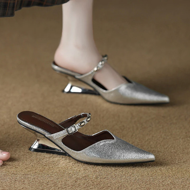

Women Slippers Pointed Toe High Heels New Woman Leather Shoes Summer 2026 Luxury Brand Pumps Elegant Dress Shoes Mujer Slides