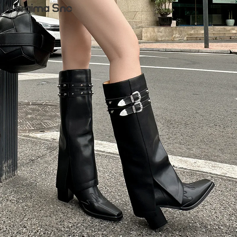Flame Leather High-Heeled Trouser Boots Belt Buckle Design Square-Toe Boots Personalized Trendy and Fashionable Knight Boots
