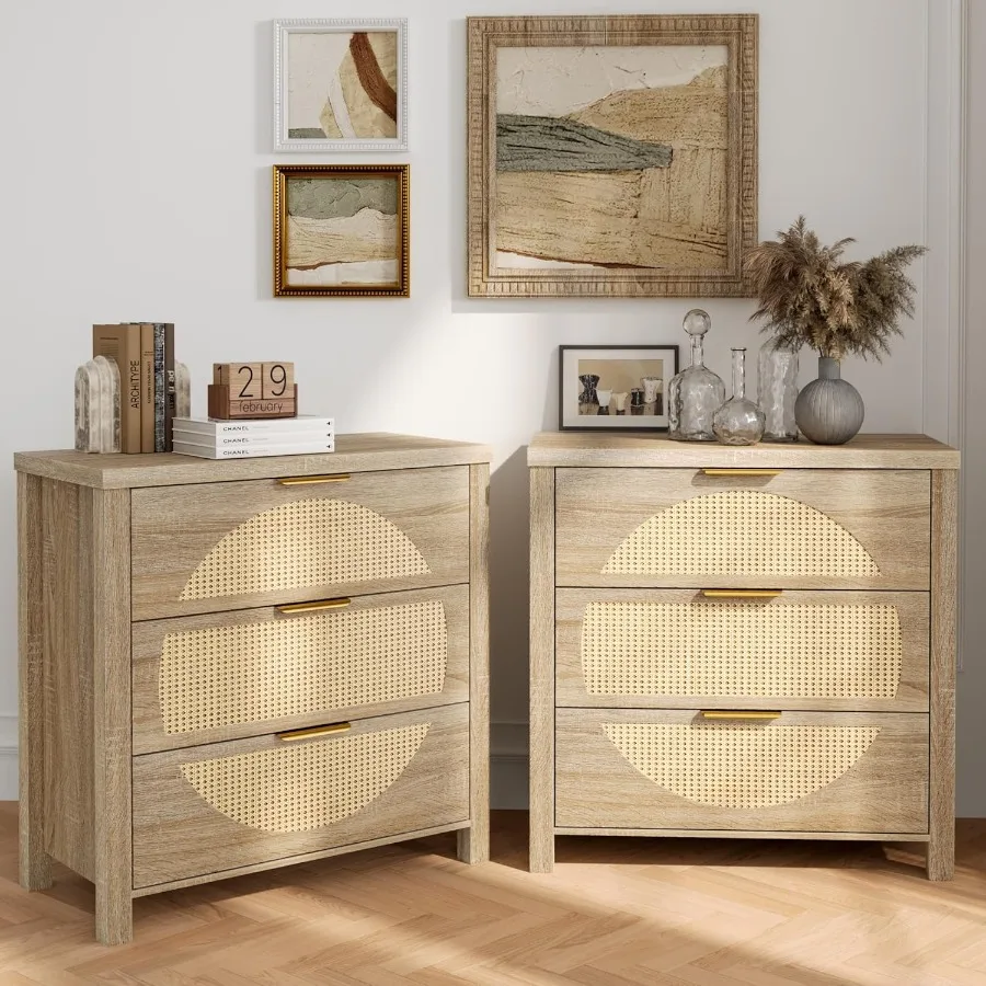 3 Drawer Night Stand Set of 2 Nightstands with Drawer Storage Bedside Table Boho End Table with Thickened Wooden Frame Gold Han
