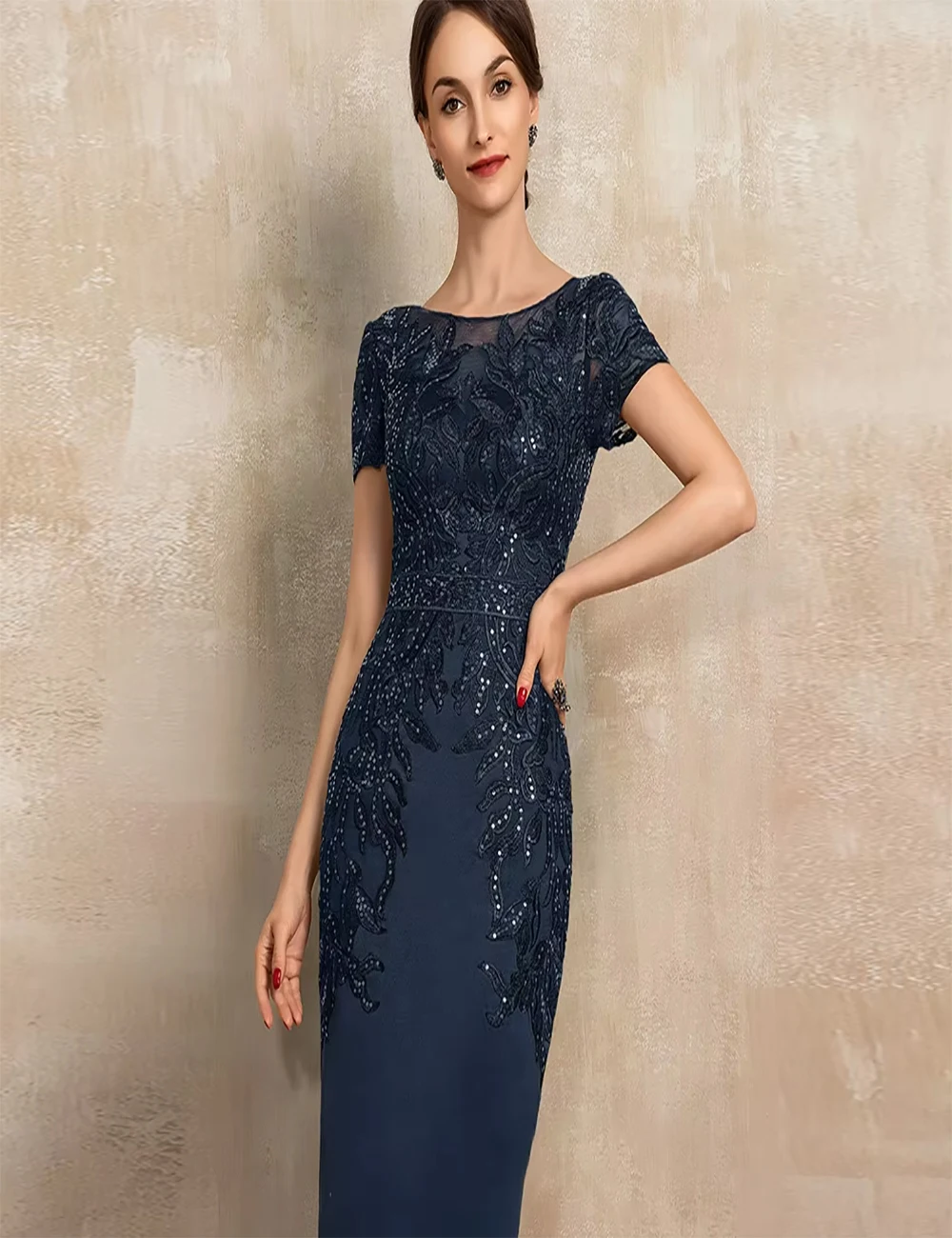 Elegant Navy Blue Short Sleeves  Straight Knee Length  Mother Of The Bride Dress For Woman Vintage Groom Mom Wedding Party Gown