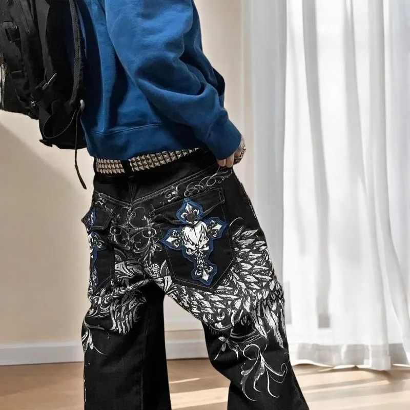 

Hip Hop Fashion Y2k Street High Waist American Retro Couples Straight Loose Pants Gothic Skull Geometry Men Jeans