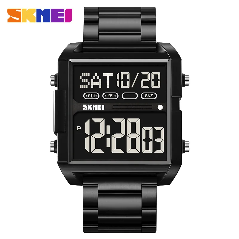 

Skmei 2299 модный будильник с датой и неделей, роскошные цифровые часы со стальным ремешком для мужчин, водонепроницаемый светодиодный хронограф с двойным часовым поясом