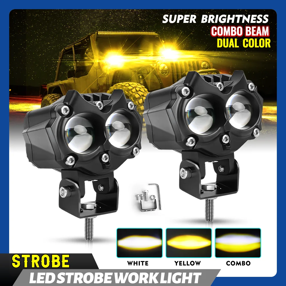 

Motorcycle LED Spotlight Strobe Dual Color Hi/Low Beam Fog Lamps Trucks SUV UTV 12V 24V Mini Lens Headlight Driving Light