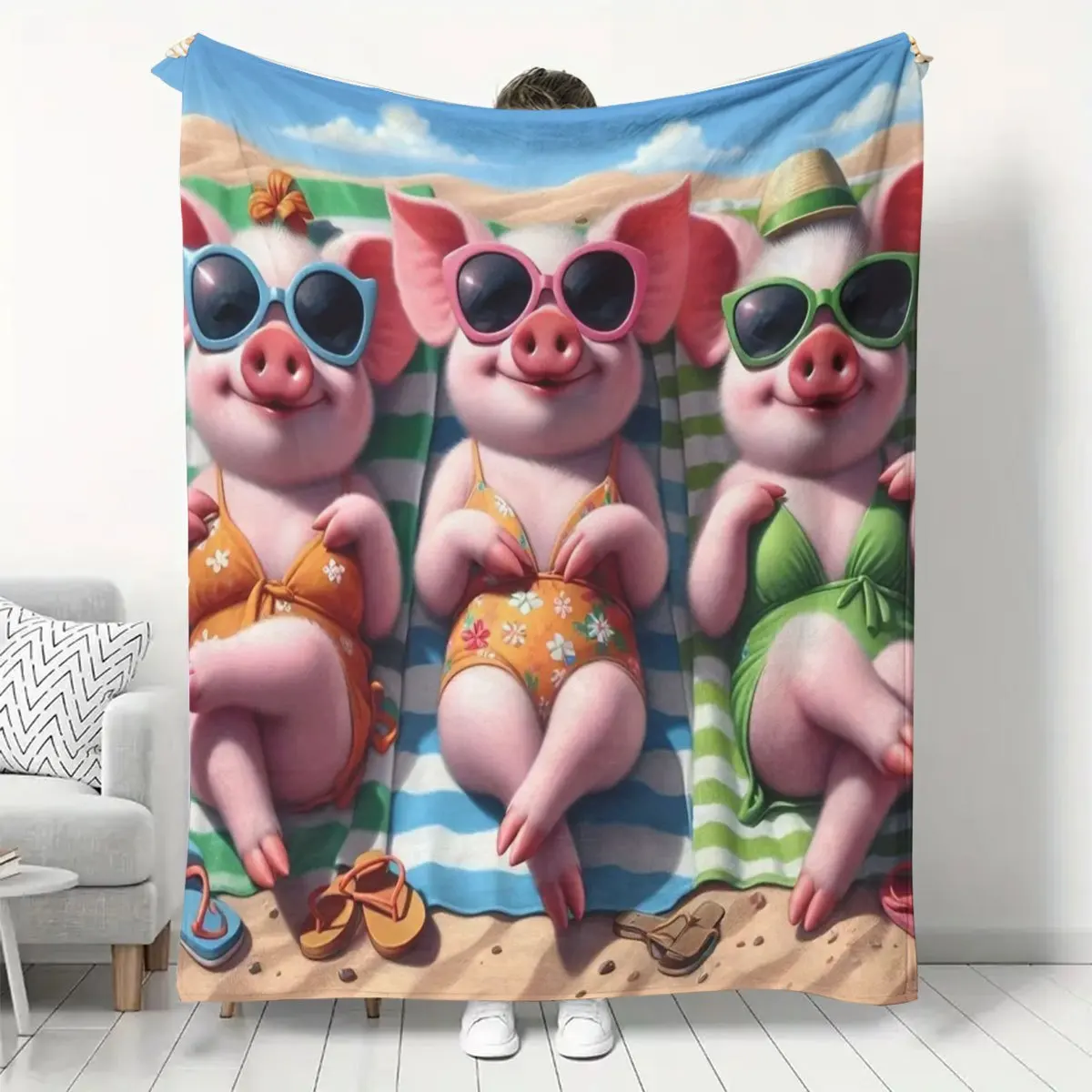 Cute Pig Beach Vacation Pattern Flannel Small Throw Blanket, a Soft and Warm Blanket Suitable for Sofas, Home Leisure, Air Condi