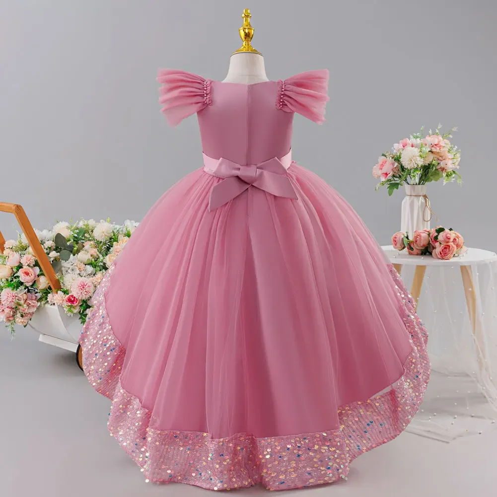 High-end Appliques Flower Dress for Girls Sequins Birthday Party Puffy Princess Costume Kids Wedding Ball Gown 3-12Y