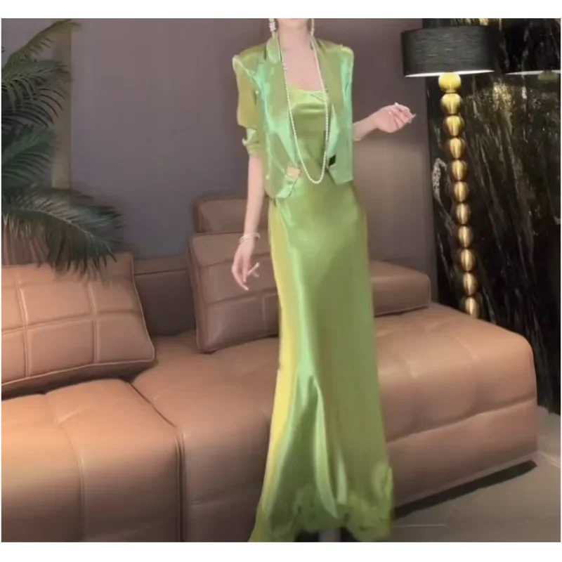 

New High End Fashion Satin Women's Two Piece Set Elegant Lapel Short Jacket + Lace Patchwork Spaghetti Strap Party Dress Suit