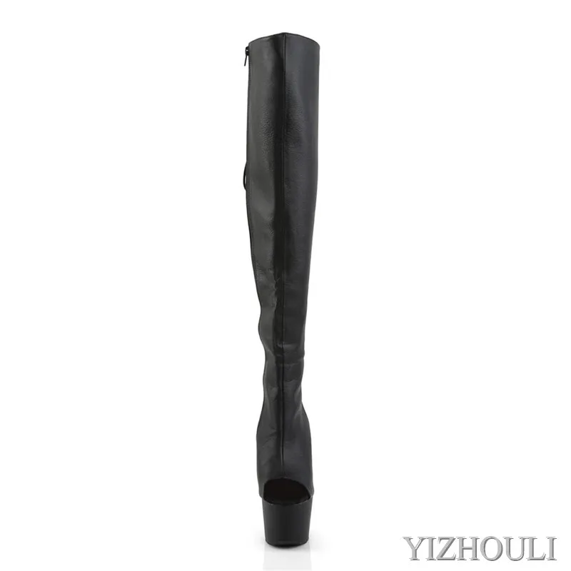 Botas acima do joelho para mulheres, sapatos de palco, Off-the-toe, fosco, preto, sexy, modelos, palco, dança, saltos de 17cm