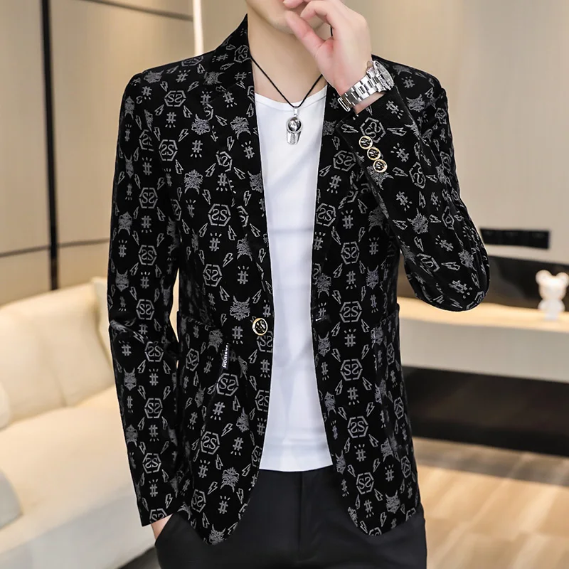 Blazer New Men\'s Fashion Corduroy Business Gentleman Slim Letter English Style Outdoor Performance Wedding Banquet Casual Blazer