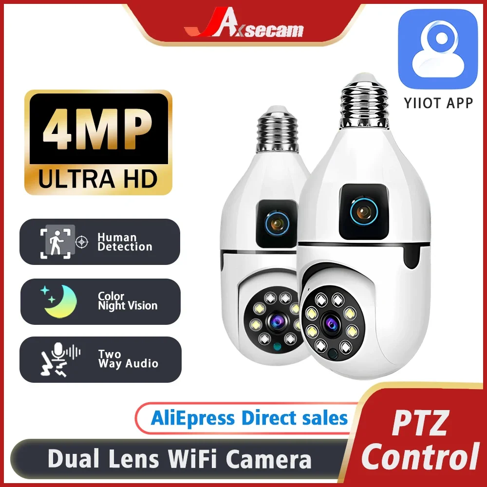 4MP 2K WIFI Dual Lens Bulb Surveillance Camera Indoor Auto Tracking Wireless PTZ Security Camera Color Night Vision Camera YIIOT