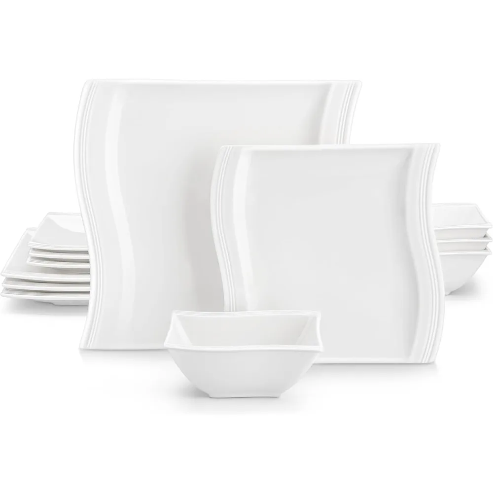 

MALACASA Plates and Bowls Sets, 12-Piece Ivory White Square Dinnerware Sets for 4, Porcelain Dish Set with Dinner Plate, Dessert