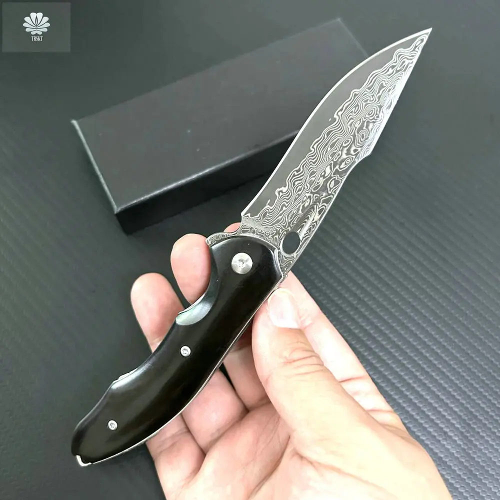 Trskt Damascus Pocket Knife Tactical Folding Knives Camping Survival Hunting Knives Edc Fish Tool Wood Handle Dropshipping