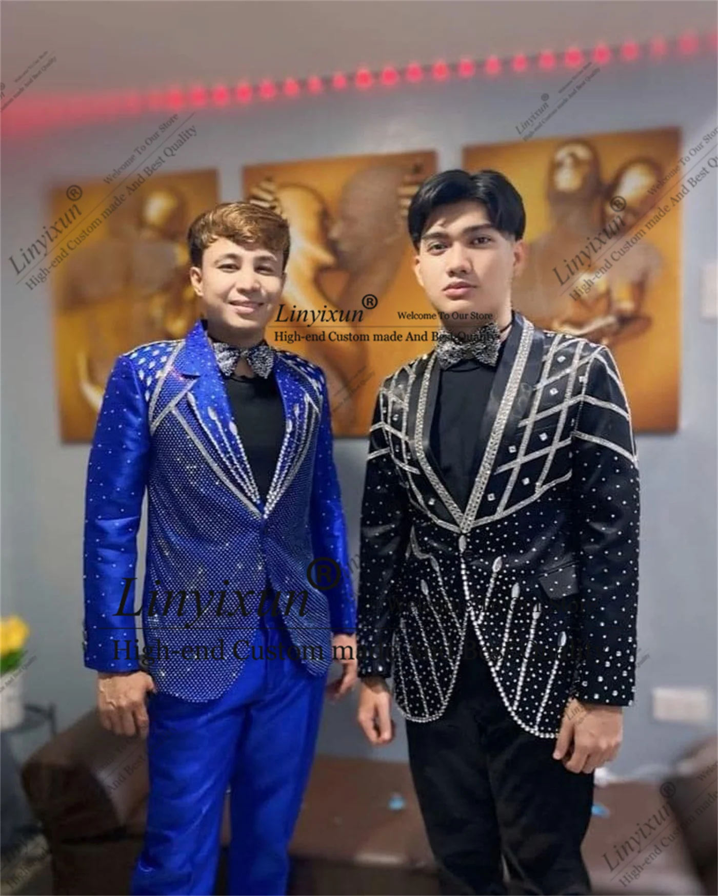 Luxury Shiny Beaded Men Suits 2 Pieces Sets Groom Tuxedos Shawl Lapel Party Prom Blazer Customized Dinner Wedding ropa hombre