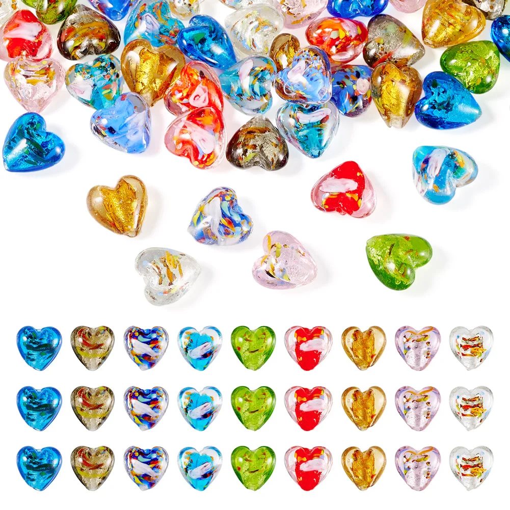 45Pcs Handmade Heart Lampwork Glass Foil Beads 9 Styles  for Jewelry Bracelet Necklace Earring Making DIY Crafts Accessories