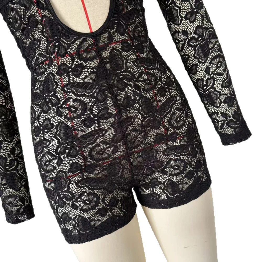 Sexy Spitzen-Cutout Langarm-Romper für Damen mit Hohlen Metallringen, Transparenter Bodycon-Kurz-Jumpsuit für Nachtclub-Party-Lingerie-Outfit – Detail 12