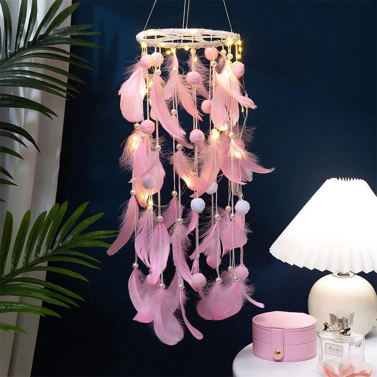 Sweet Circle Dreamcatcher - Feather & Bell Pendant for Girls Room, Playful Bedroom Accent