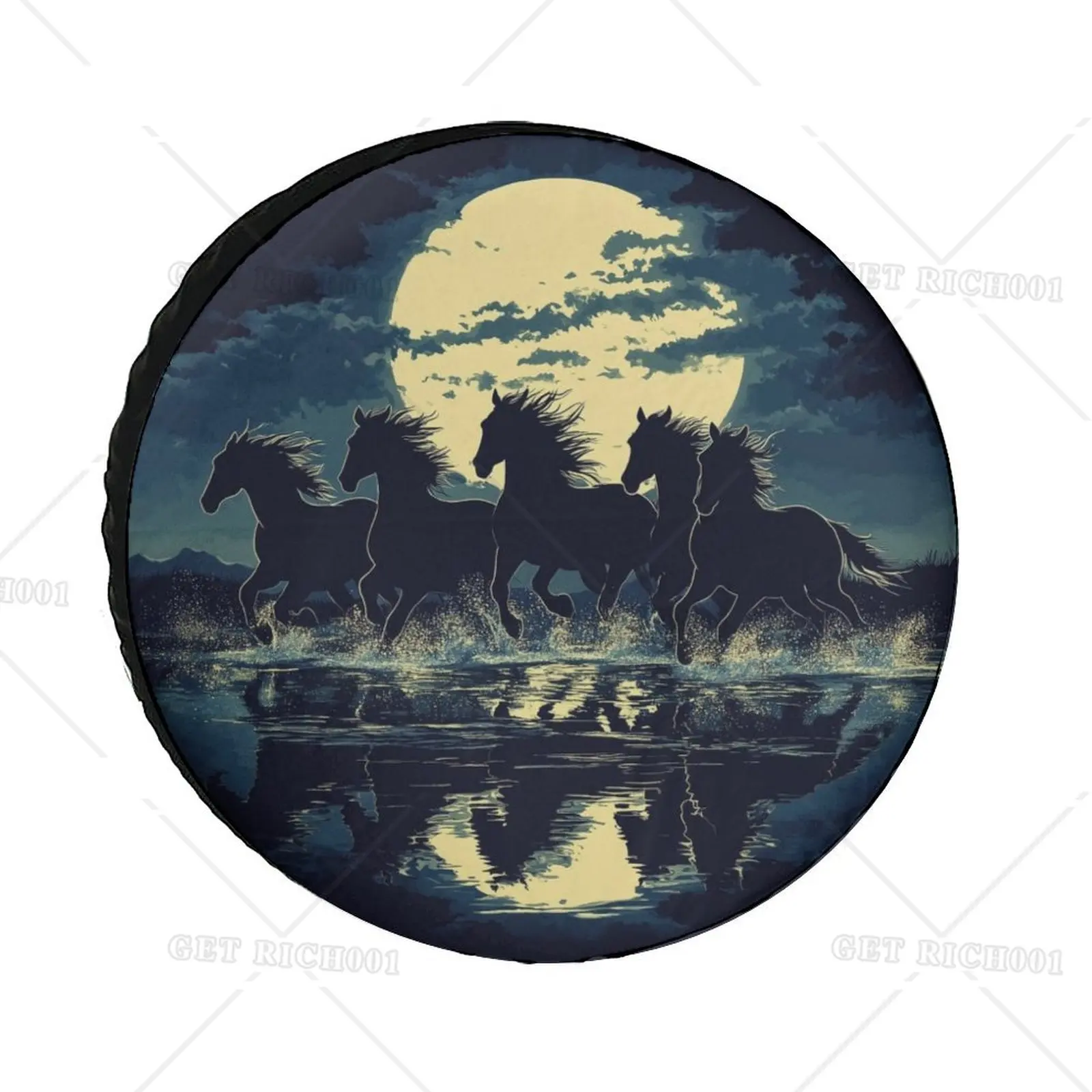 Pentium Spare Tire Cover with Galloping Horses Moonlit Water Design - Durable Soft Weatherproof Fit for Jeeps, Trucks, Trailers