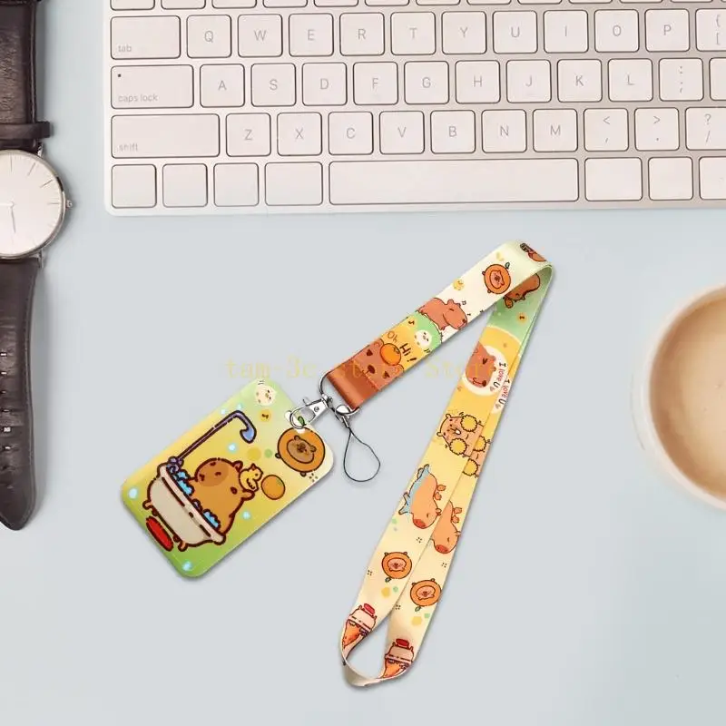 สายคล้องคอที่สวยงาม การ์ตูน Capybara ผู้ถือบัตร เชือกคล้องคอ เชือกเส้นเล็กสีสันสดใส D0UA