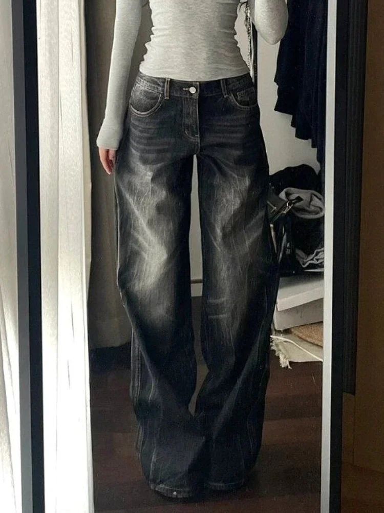 Autumn Winter Women's Black Denim Pants Low Rise Y2K Baggy Jean Japanese Dark Academia Cowboy Harajuku Grunge Stacked Jeans