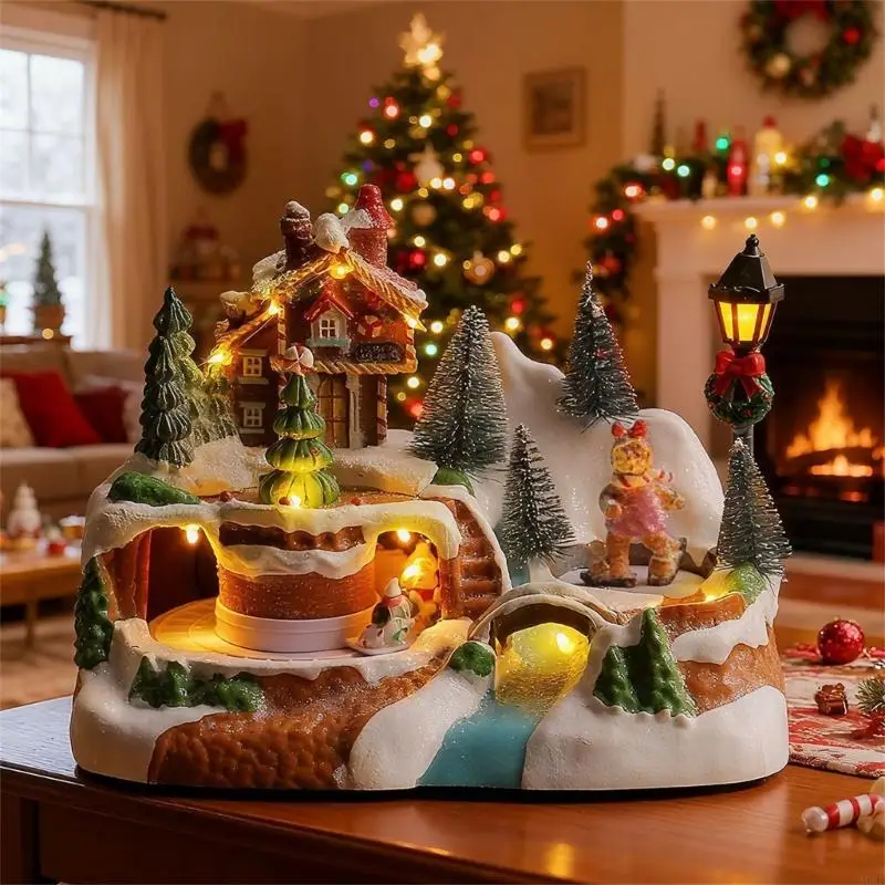 Animated Musical Christmas Gingerbreads Village with Rotating Train,Lighted Christmas Collection Figurine Home Decors A0KF