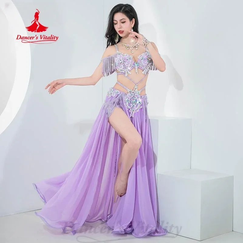 Belly Dance Performance Set Exquisite Pearl Bra+Tassel Chiffon Long Skirt 2pcs Adult Women's Oriental Dance Competition Costumes