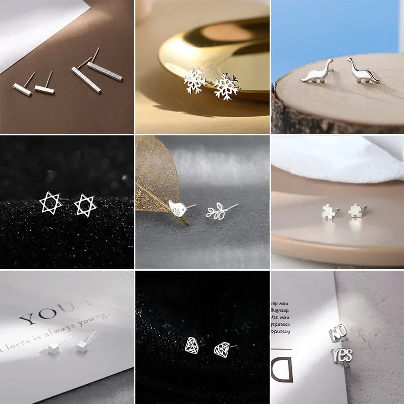 56 Types 925 Sterling Silver Zircon Heart Line Block Cat Geometric Stud Earrings for Women Fine Jewelry Minimalist Accessories