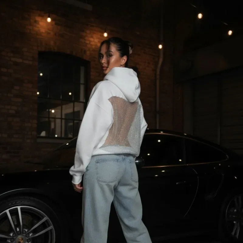 سترة نسائية بغطاء للرأس شبكية شفافة، بلوفر مجوف، خفيف الوزن، بأكمام طويلة لأسلوب الملابس اليومية والشارع #2