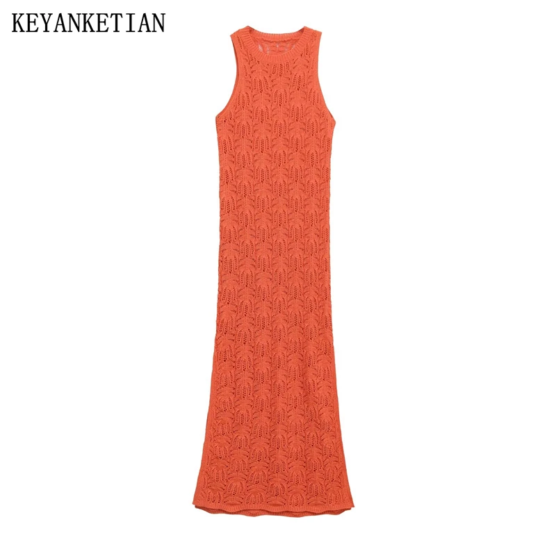 

KEYANKETIAN 2025 летнее новое праздничное ветровое вязаное крючком жаккардовое вязаное платье миди женское тонкое длинное платье без рукавов с круглым вырезом