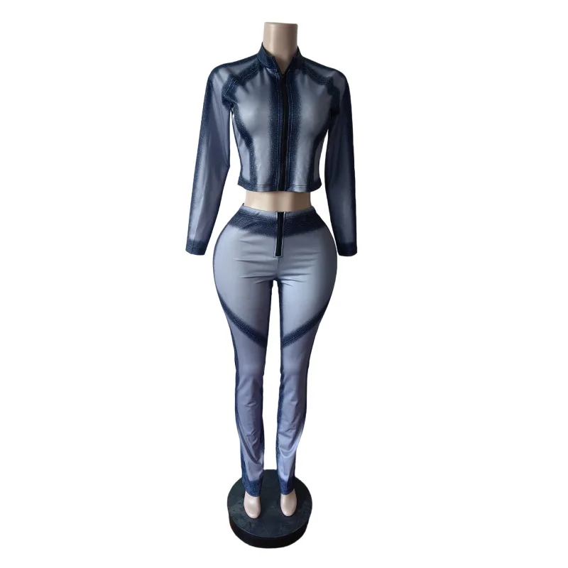 Printed 2 Piece Set Women Fashion O Neck Long Sleeve Zip-up Slim Jackets Tops + Slim Flare Pants Casual Streetwear Suits