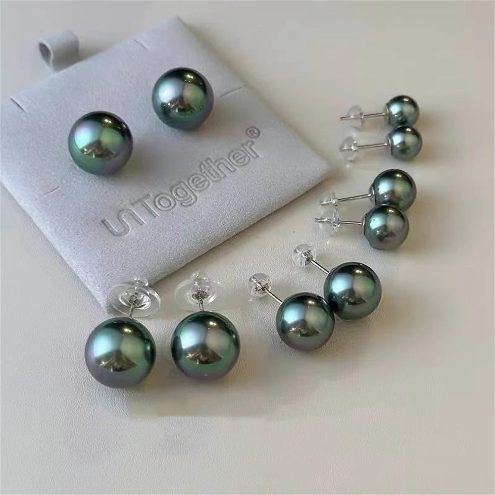 

S925 Sterling Silver Women's Needle Imitation Tahitian Dark Green Pearl Earrings Minimalist Retro Jewelry