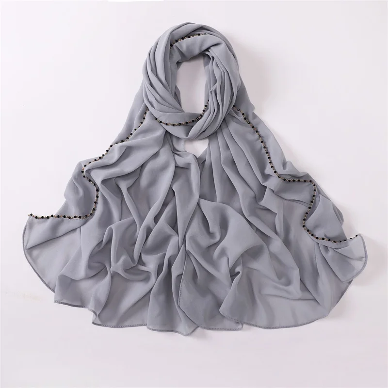 2024 Luxury Necklace Pearl Chain Bubble Chiffon Hijab Shawls Lady High Quality Wrap Beach Bufandas Ramadan Muslim Sjaal 175*70Cm