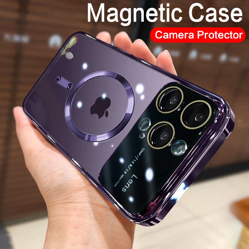 Luxury Magnetic Plating Window Clear Wireless Charging Phone Case For iPhone 11 12 13 14 15 Pro Max Plus Shockproof Soft Cover