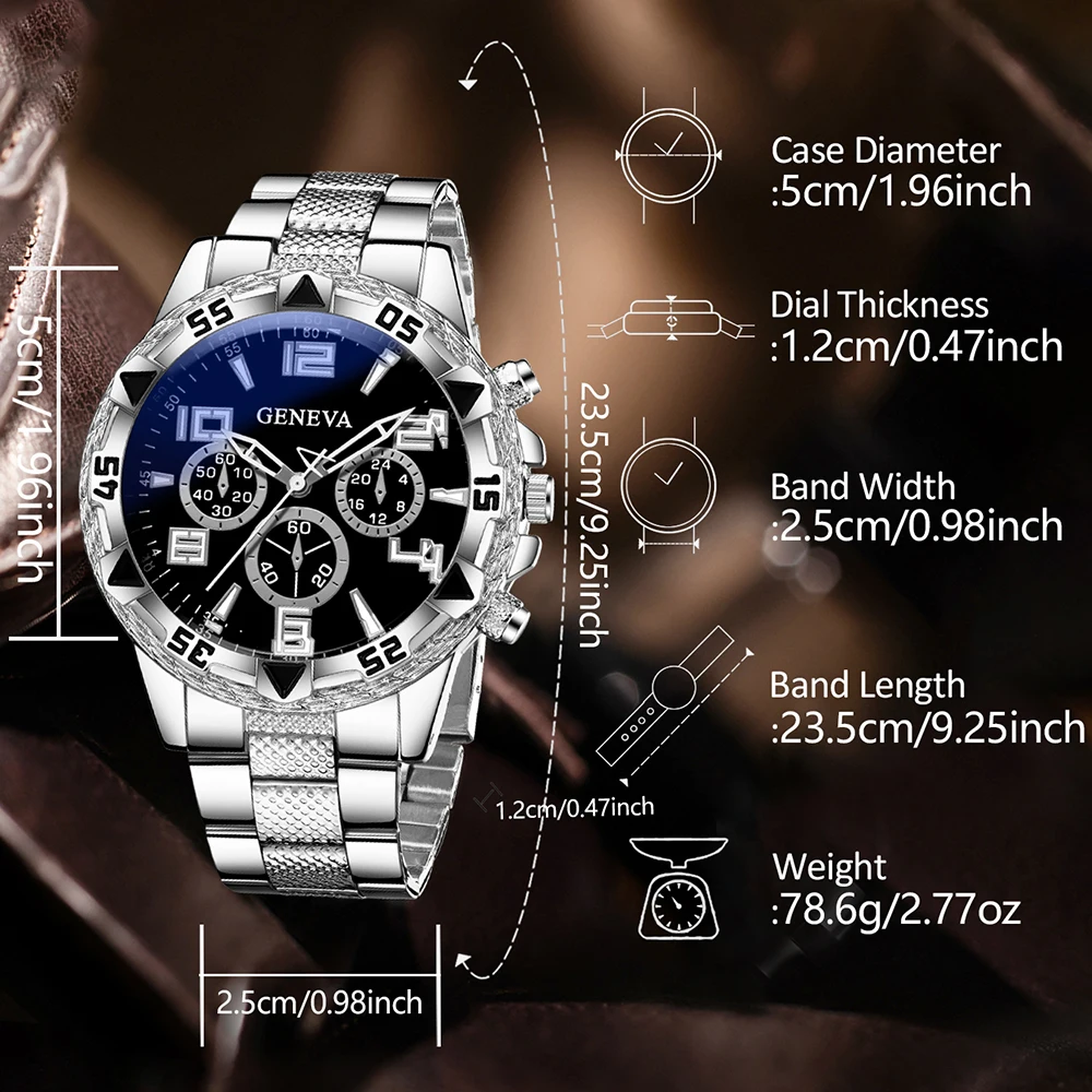 طقم ساعات رجال الأعمال الفضية المكونة من 3 قطع، أزياء فاخرة باللون الأسود بمقياس رقمي كوارتز وسوار وسوار وقلادة، هدية مثالية