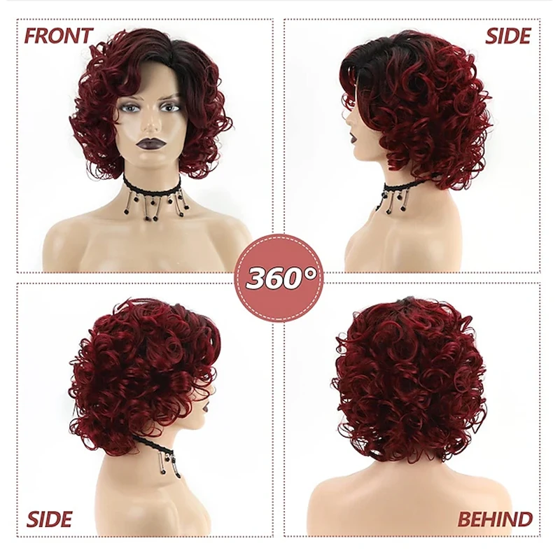 HAIRJOY Synthetic Hair Short Burgundy Curly Wigs for  Women Ombre Wine Red  Short  Wig