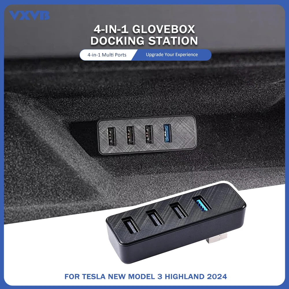 Glove Box USB Hub For Tesla Model 3 Highland 2024 4-in-1 Glovebox Docking Station For Dash Cam Flash Drive Data Transferring