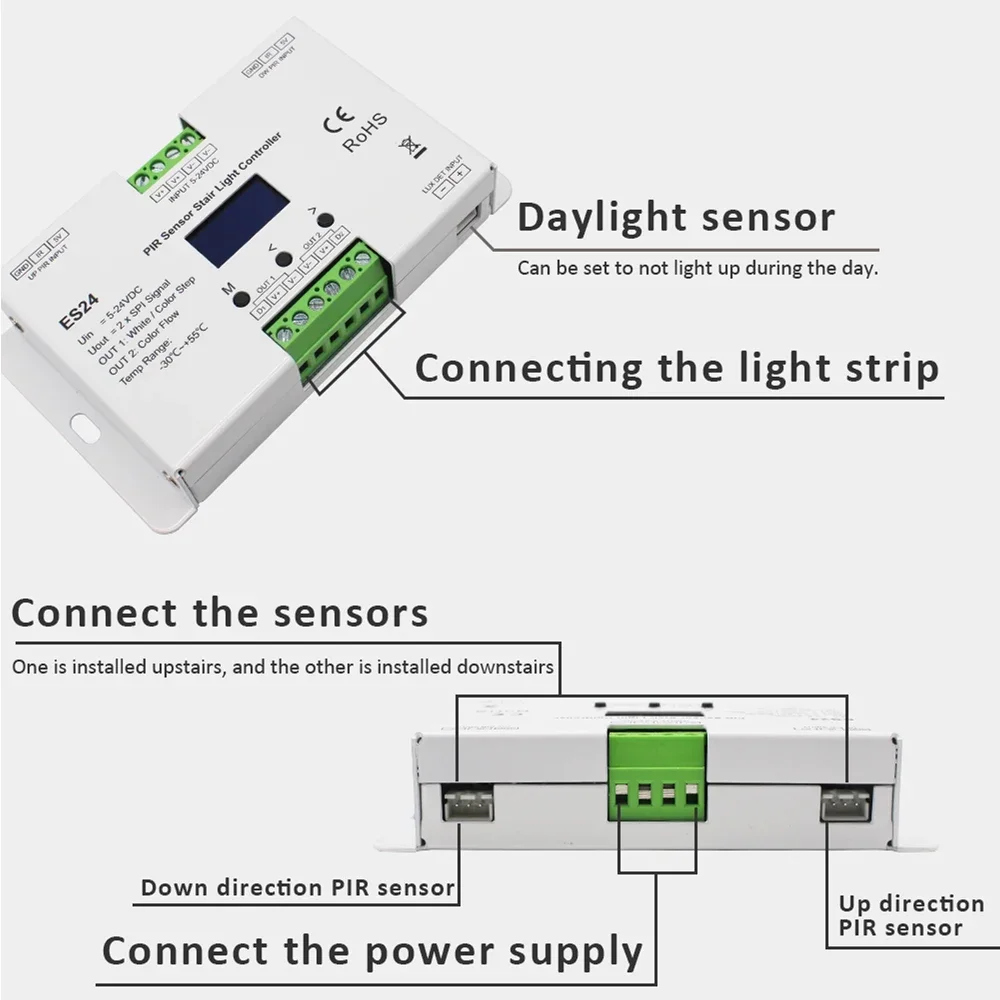 PIR Sensor Stair Controller ES24 24CH Single Color RGB Pixel SPI LED Strip Dimmer Indoor Stairway Light Led Controller DC 5V-24V
