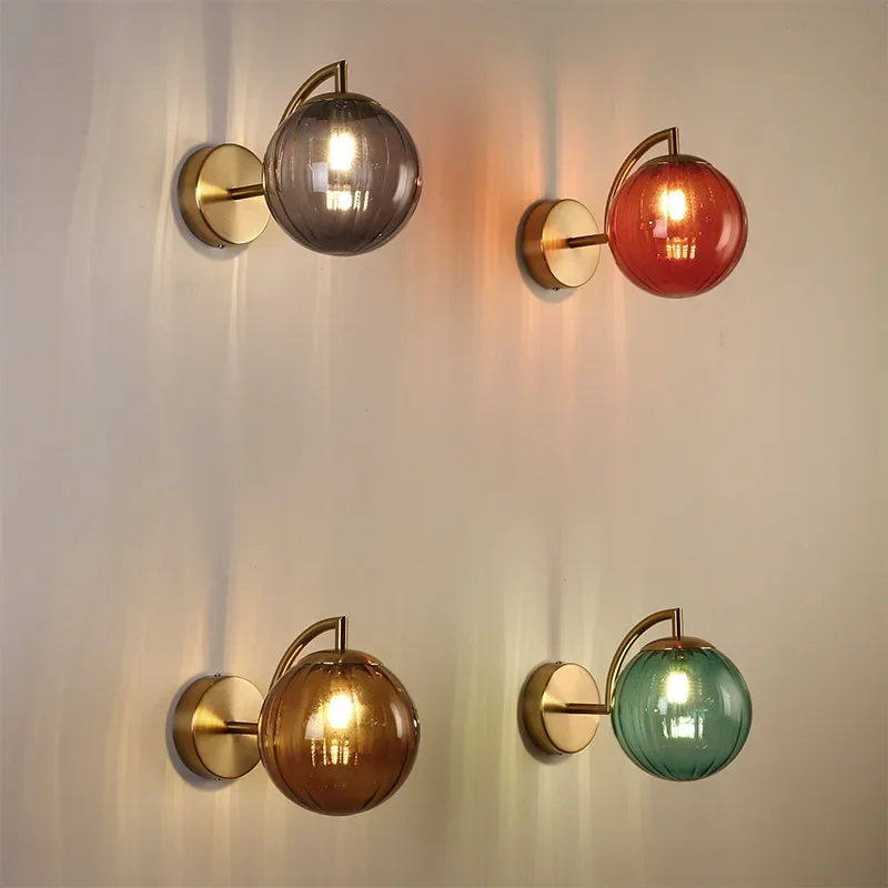 Smoke Gray Glass Ball Wall Lamp Stripe Lamp Shade Decor Lamp Interior Lighting Living Room Background Wall Pumpkin Wall Lights