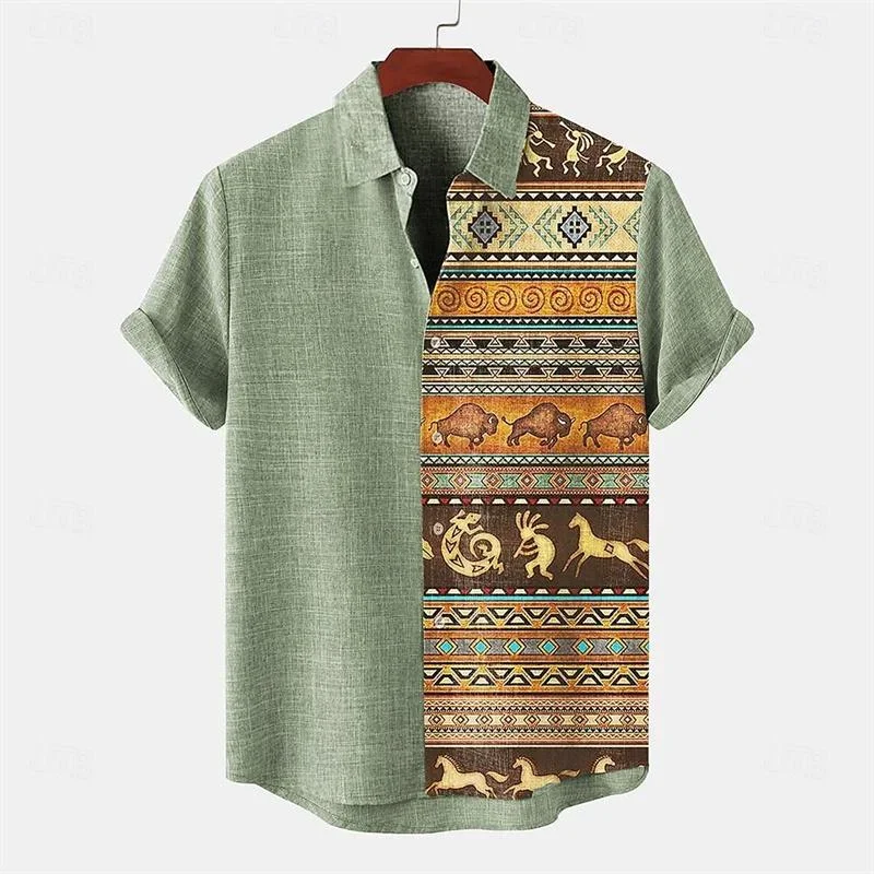 Modern Minimalist 3D Cotton and Linen Short-sleeved Shirt, Comfortable, Best-selling in Summer and Autumn, African Tribal