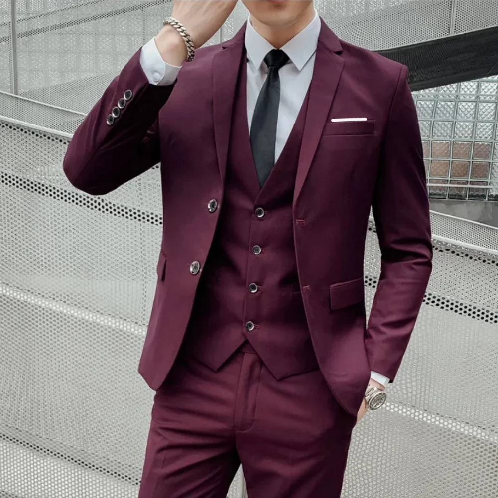 

Men's Business Casual Slim-fit Solid Color Blazer Vest Pants Set Outdoor Trendy Wedding Host Formal Wear Terno De Caval